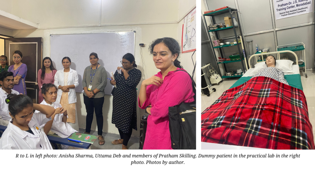 R to L in left photo: Anisha Sharma, Uttama Deb and members of Pratham Skilling. Dummy patient in the practical lab in the right photo. Photos by author.