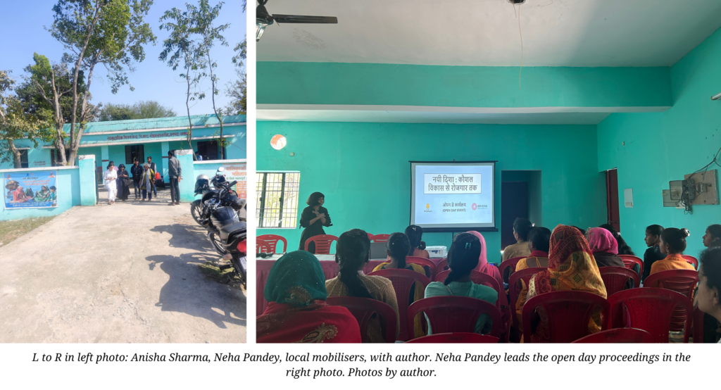 L to R in left photo: Anisha Sharma, Neha Pandey, local mobilisers, with author. Neha Pandey leads the open day proceedings in the right photo. Photos by author.