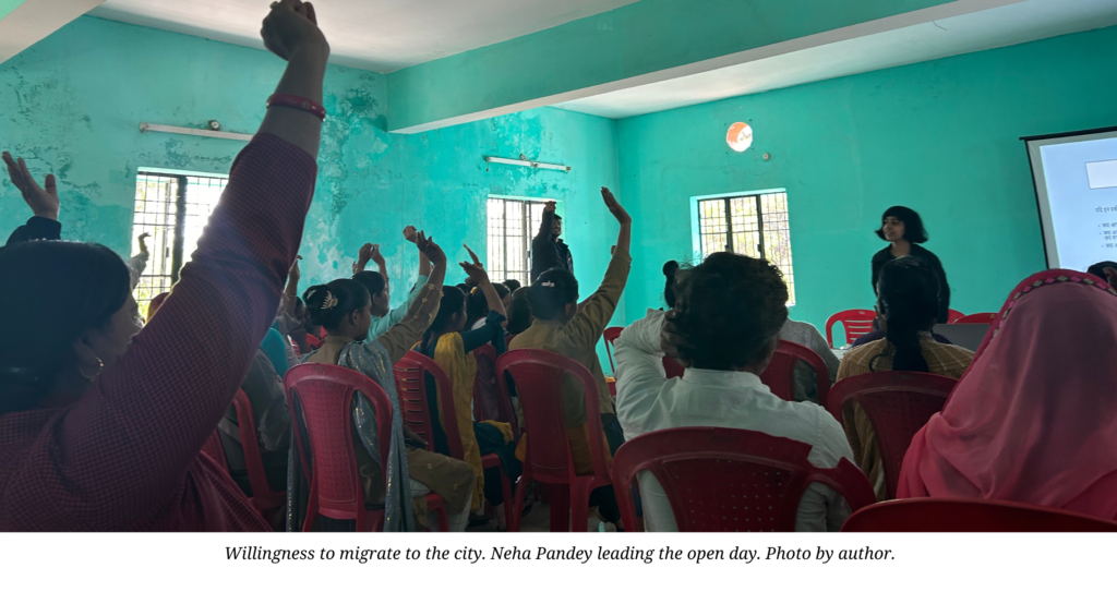 Willingness to migrate to the city. Neha Pandey leading the open day. Photo by author.
