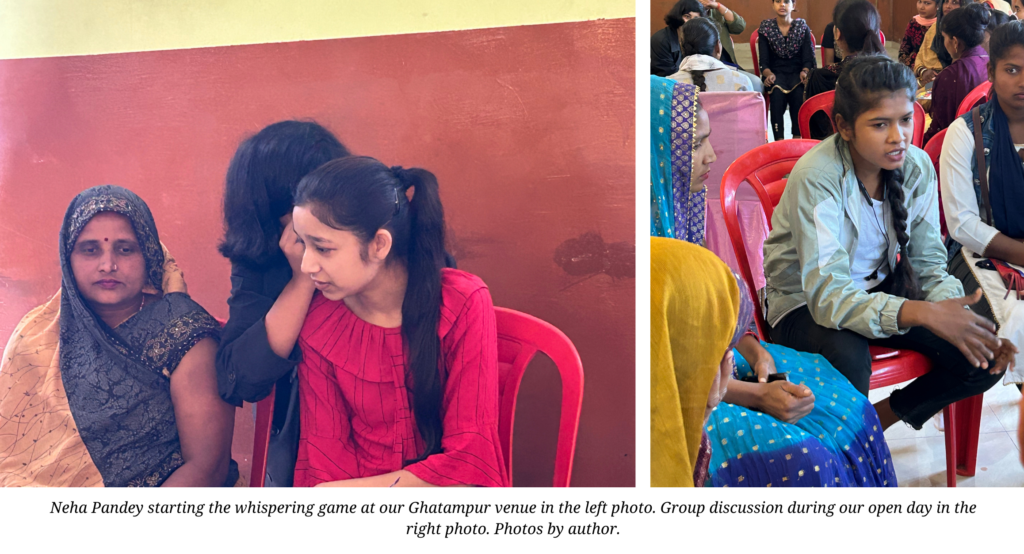 Neha Pandey starting the whispering game at our Ghatampur venue in the left photo. Group discussion during our open day in the right photo. Photos by author.